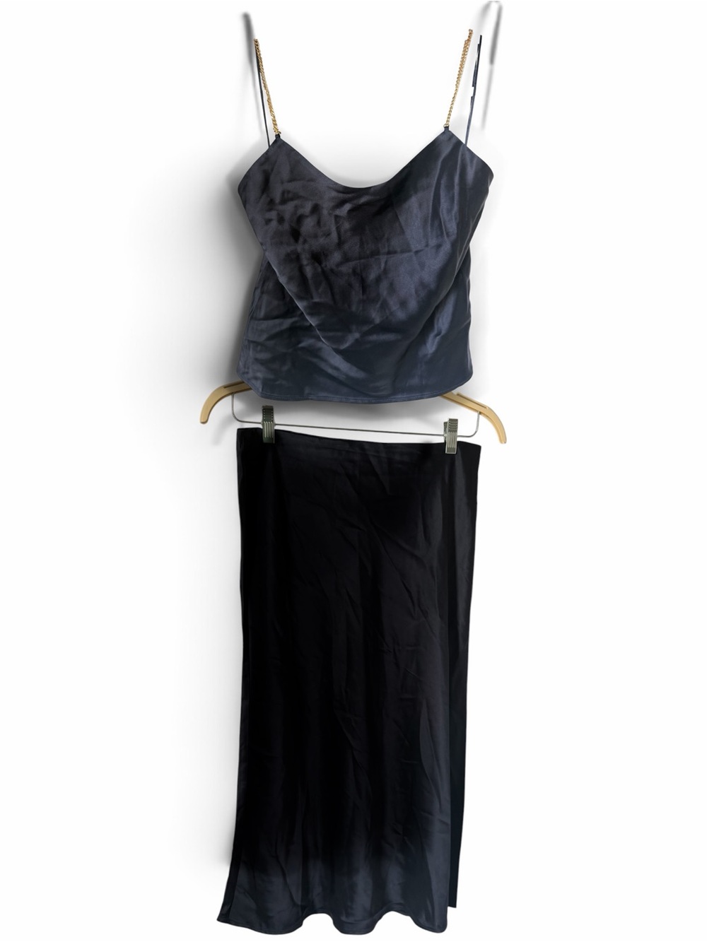 House of Harlow 1960 Navy Blue Satin Cowl Crop Top & Midi Skirt Two Piece Set